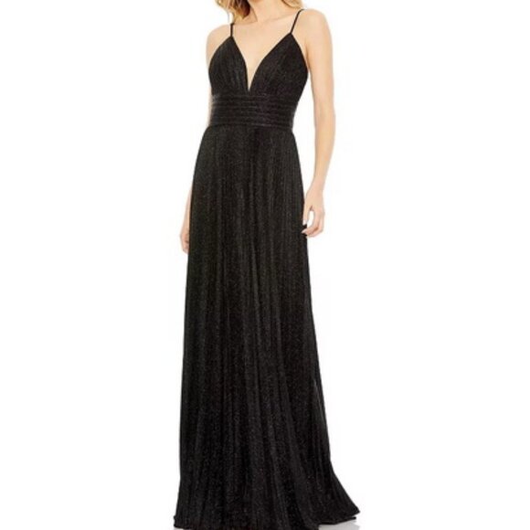 Mac Duggal Black Shimmer Pleated Plunge Neck Criss Cross Back Gown